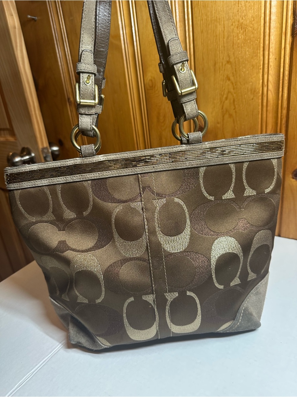 COACH Brown and Gold Signature Canvas Tote - Picture 9 of 13
